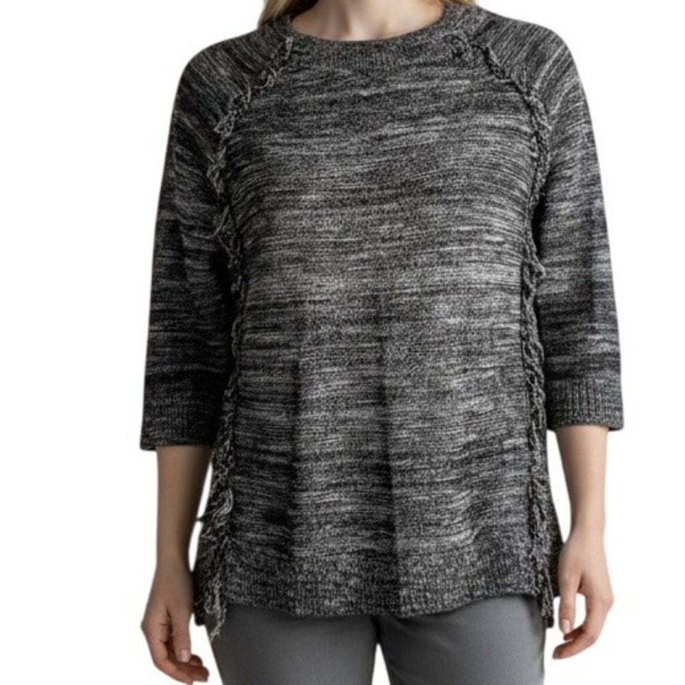 LORD &‎ TAYLOR  Gray Knit Fringe Trim 3/4 Sleeve Sweater Size XS